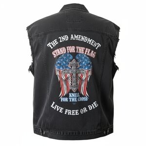 Mens 2nd Amendment Stand For The Flag Acid Wash Denim Cutoff Biker Shirt     L
